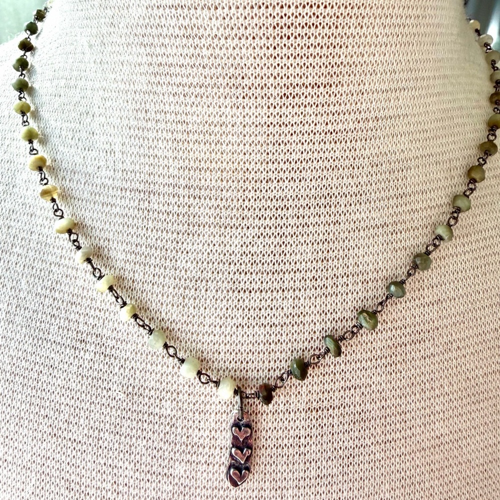 Elegant Green Beaded Necklace With Artistic Hand Made Three Heart Pendant